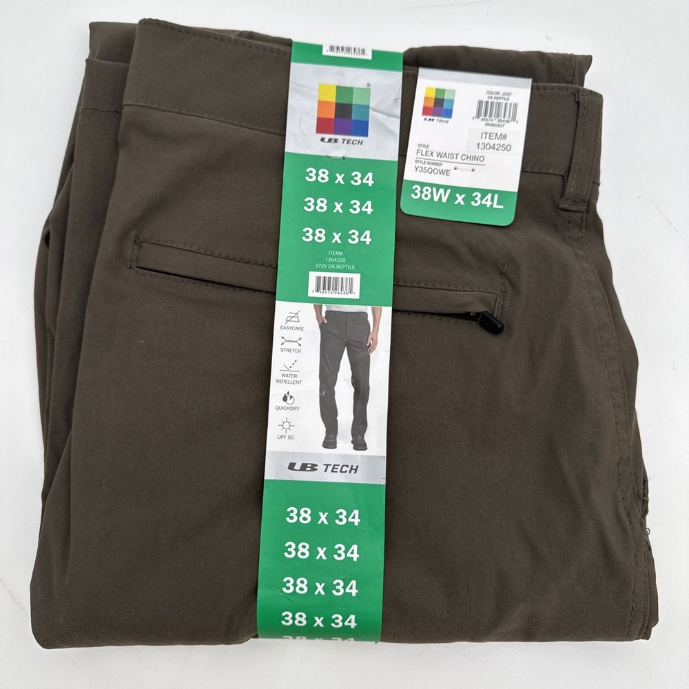 NWT UB Tech Men Flex Waist Chino Pants 38x34 Brown Stretch Water Repellent UPF50